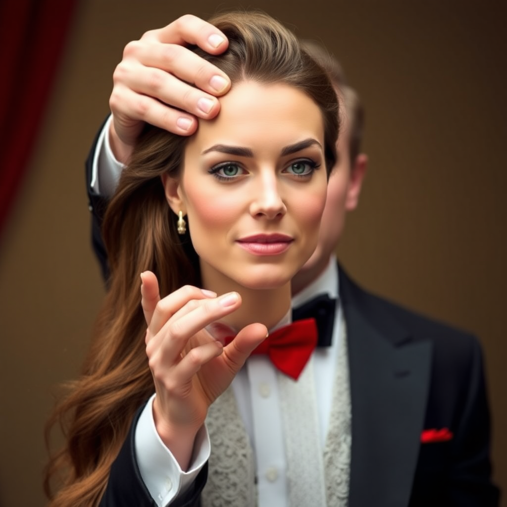 A surreal image of the beautiful very long haired Kate Middleton's disembodied head displayed to the camera by a male magician performing a magic trick.