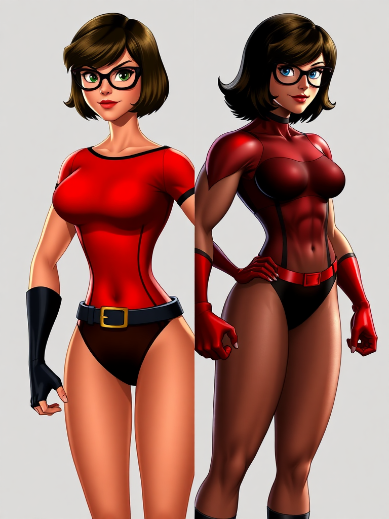 Create a hyper-realistic render of Velma Dinkley featuring a superhero's chiseled, heroic physique, including broad shoulders and powerful muscles. Keep Velma's head intact, but modify her silhouette to reflect her new body type. Include a background appropriate for both character designs.