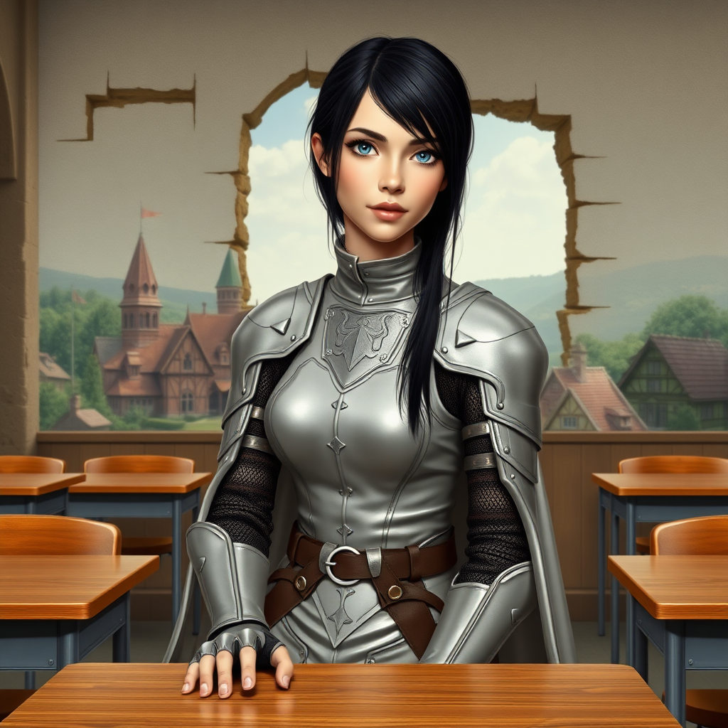 beautiful young woman, dark hair past her shoulders, blue eyes, small, slim figure, wearing light full leather armor suit with long cape, sitting in a school classroom at student desk with the wall missing with a beautiful medieval village in the background.