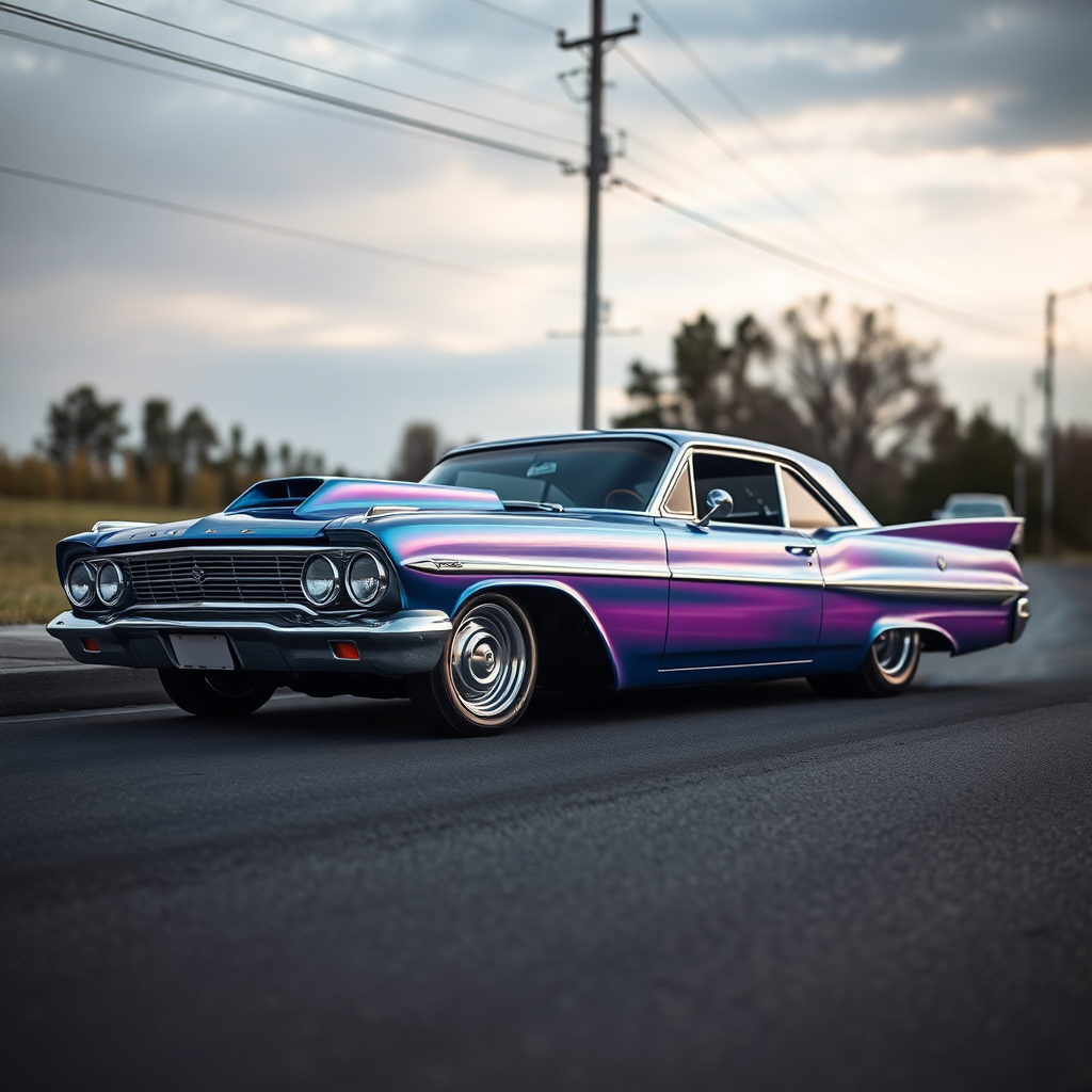 The drag car is parked on the side of the road, inspired by Taiyō Matsumoto, tumblr, restomod, nd4, c4 metallic shine classic American low rider custom paint Ford.