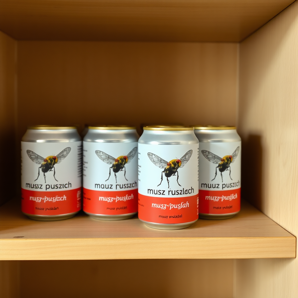 a small shelf with cans that have an image of home fly on the label and text saying "musz w puszkach"