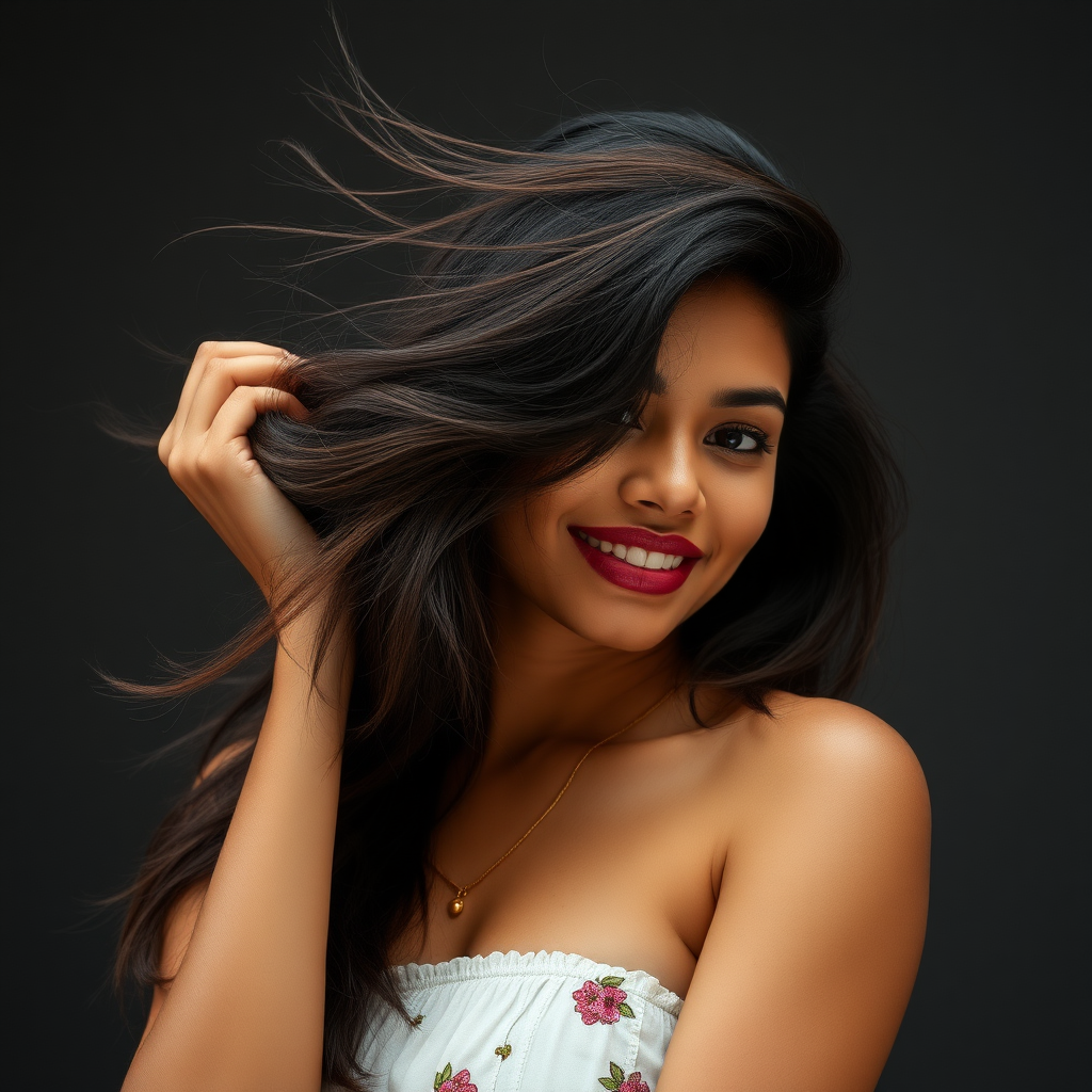 An attractive Sinhalese woman in her 20s playing with her long hair.