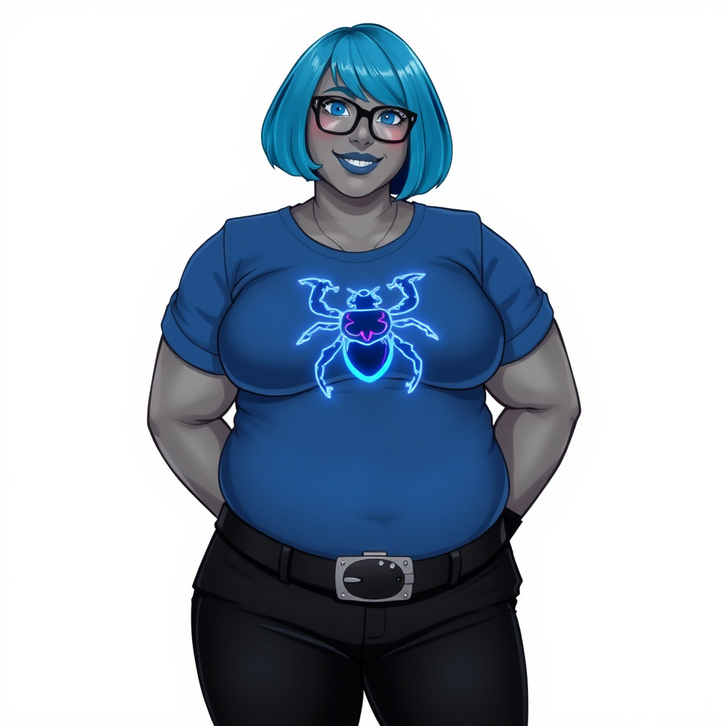 A 28-year-old, full-figured, metallic middle gray skinned computer program hybrid with a maximum blue bob cut. She has a non-athletic build, highlighted by a prominent, round midsection (with emphasis on her belly). As a digital sidekick, computer hacker, and nerdy girlfriend to her cyberpunk vigilante boyfriend, her middle gray metallic skin and maximum blue lipstick emphasize her digital nature. She wears a tight-fitting, maximum blue t-shirt (accentuating her belly) with a neon blue glowing chest icon of a beetle, black pants, a black belt with a sapphire scarab buckle, and black gloves. Her bright blue eyes, black eyeglasses, and lovestruck smile with neon red blush accentuate her nerdiness. She stands bashfully with her hands behind her back, her t-shirt covering her midsection (especially her belly) and emphasizing her full-figured, non-athletic physique. She is on a solid white background. She is drawn as if she was in a retro 2D cyberpunk fighting game. She is clearly non-athletic, with a focus on her full-figured physique. Ensure her t-shirt covers her midsection (especially her round belly).