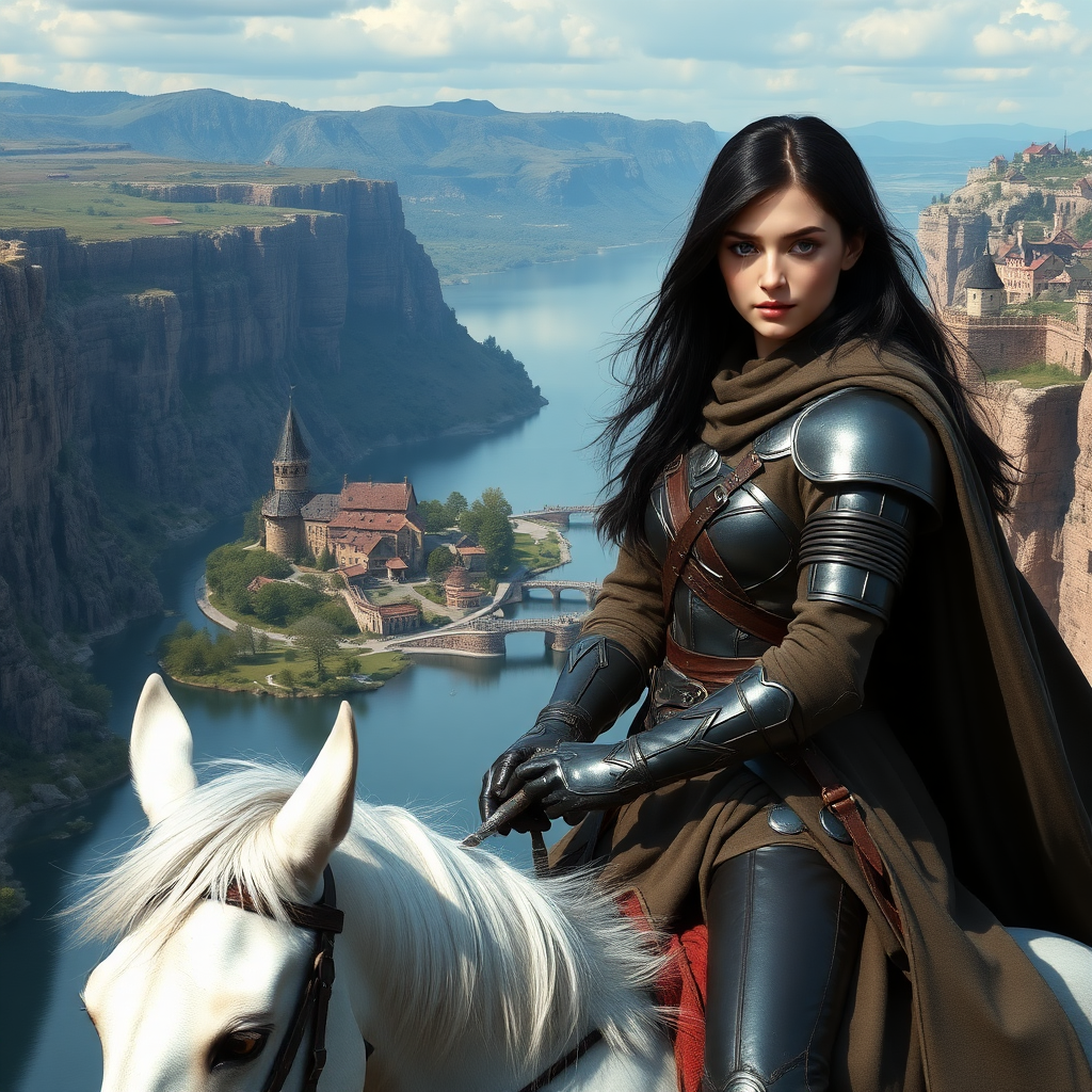 beautiful young woman, dark hair, past her shoulders, blue eyes, small, slim figure, wearing full leather armor suit, long cloak, on a white horse with a large canyon and beautiful medieval village on a lake.