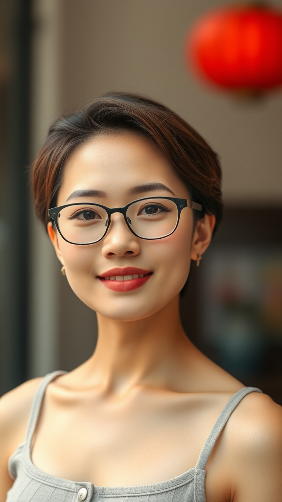 A beautiful Chinese woman, 30 years old, with short hair, wearing glasses, a full figure, and a small chest.