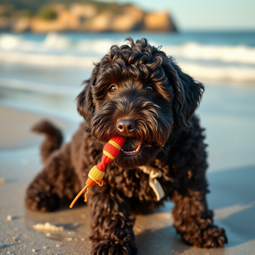 cute gigantic dark chocolate colored cockapoo, playing on the beach, ultra realistic, ultra detailed, 50mm photo, toy in his mouth, huge