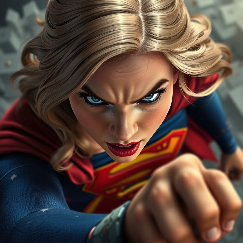 A snapshot from above of Supergirl angry against the enemy in front of her.