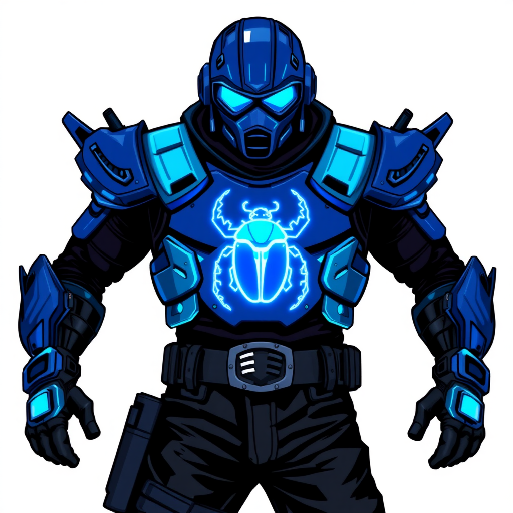 A 28-year-old cyberpunk vigilante stands heroically, clad in a high-tech, maximum blue armor featuring a neon blue glowing beetle on the chest. They wear black biker pants, a black belt with a sapphire beetle buckle, and a maximum blue head covering helmet with neon blue glowing lenses. Their hands are protected by black metal gloves, all set against a solid white background. He is drawn as if he was in a retro 2D cyberpunk fighting game.