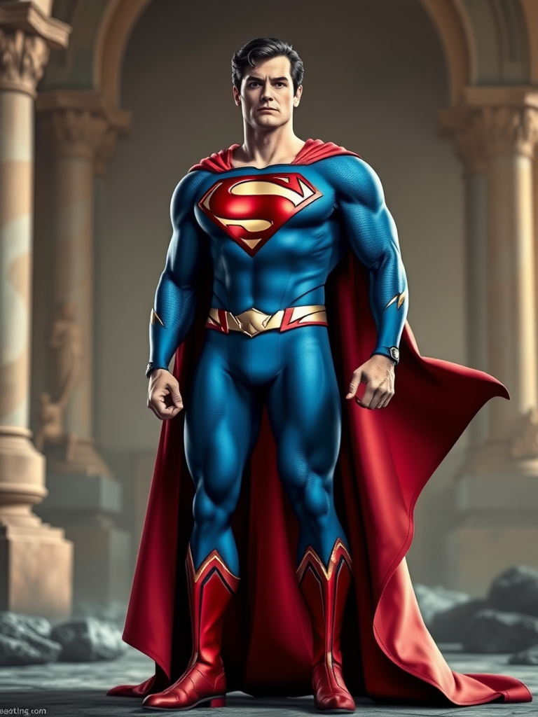 Generate a full-length image of Superman incorporating the body traits of Princess Aurora. Retain his core costume but incorporate embellishments and elements from Aurora's attire. The background should be a setting appropriate for both characters.