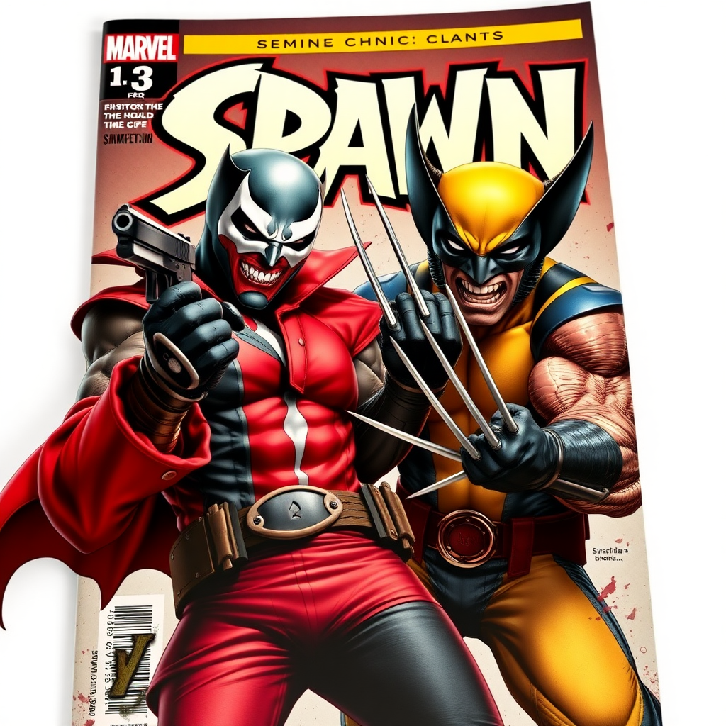 On a comic book cover is Spawn holding a gun Vs Wolverine in Cinematic Real3d photo-realistic quality.