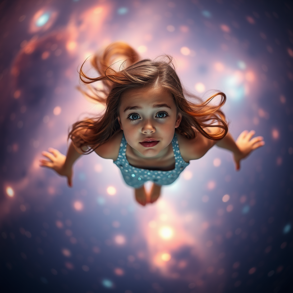 preteen girl floating in space, Low Key Lighting, dreamscape, nebula, Bokeh, abstract, brilliant colors, glittering, translucent, iridescent, natural skin, glowing, artistic photo, panoramic, awe, airy, original, experimental, interdimensional