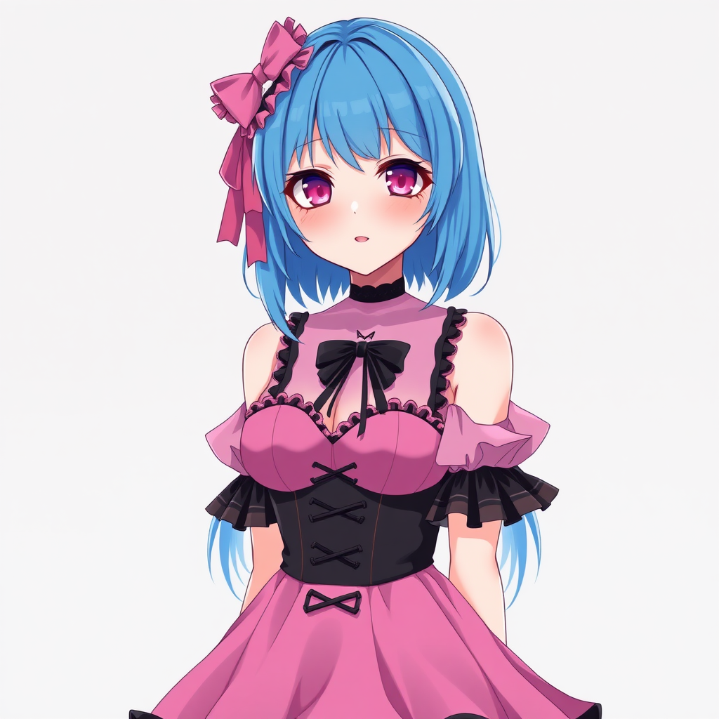 Anime girl with blue hair and magenta eyes that is wearing a pink-black gothic lolita dress.  
She has big boobs, a small waist and wide hips.