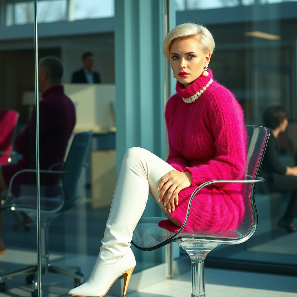 Sunny spring morning, modern glass-steel-concrete office, sitting on glass chair at wall, waiting for the master: O., European 17 years old very convincing femboy “trophy-bimbo”, tamed servile docile, very beautiful feminine flawless face, rather short boyish figure, platinum blond short tight curls, bold red lips, heavily made-up face, long French nails, wearing Supertanya-style chunky fluffy very fuzzy bright deep raspberry mohair figure-hugging turtleneck-knitdress with white pearl decoration, white vinyl thigh-high boots with golden heels, pearl earrings, serious, leaning forward presenting her assets, arrogantly looking at camera.