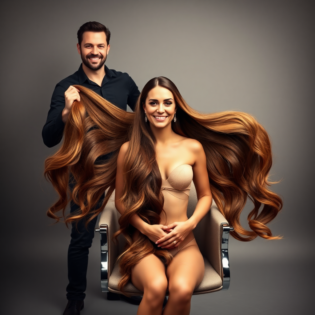 In a beautifully lit photo studio, adorned with soft diffused lighting that creates a warm, inviting atmosphere, Kate Middleton sits gracefully in an elegant salon chair with her hands in her lap, showcasing her luxurious, flowing locks that cascade down like a shimmering waterfall of chestnut and gold. A hairstylist stands behind her and smiles at the camera as he holds up Kate's long magnificent hair, gently spreading it, allowing it to fan out in a majestic display that captures the eye. Kate's delicate lingerie blends in with her skin, offering an air of eroticism and allure. The plain gray background serves to highlight her striking figure and the dazzling sheen of her hair.