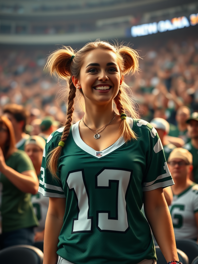 Hot female NFL fan is cheering for her team, pigtail hair, wearing jersey, huge chest, inside crowded stadium