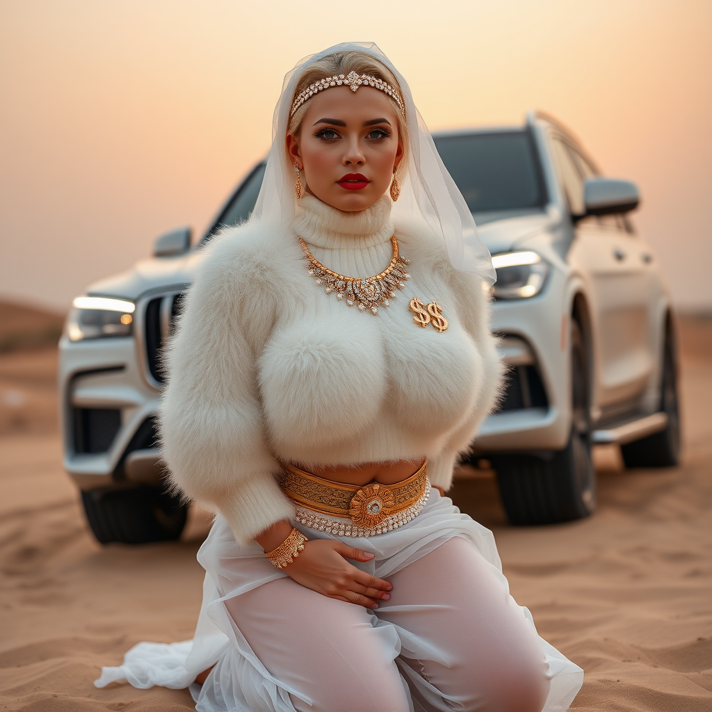 Kuwait desert dunes misty dawn, full size luxury SUV: Melissa, European 17 years old very convincing femboy “trophy-bimbo”, tamed servile docile, very beautiful feminine flawless face, rather short, by hormones very curvaceous womanly figured, platinum blond short tight curls, bold red lips, heavily made-up face, wearing Supertanya-style fluffy very fuzzy bright white angora turtleneck-poncho cropped ending under bust decorated with pearls and gemstones, striking oriental wide gold bridal protection belt, white fully transparent harem pants, full Oriental bridal jewelry including headpiece, white transparent Burka face veil, coin anklets, striking diamond “$$$” letter brooch on left chest, pout frustrated, hands tied behind back, kneeling in sand in front of SUV, looking at camera. Focus on face and turtleneck-poncho.