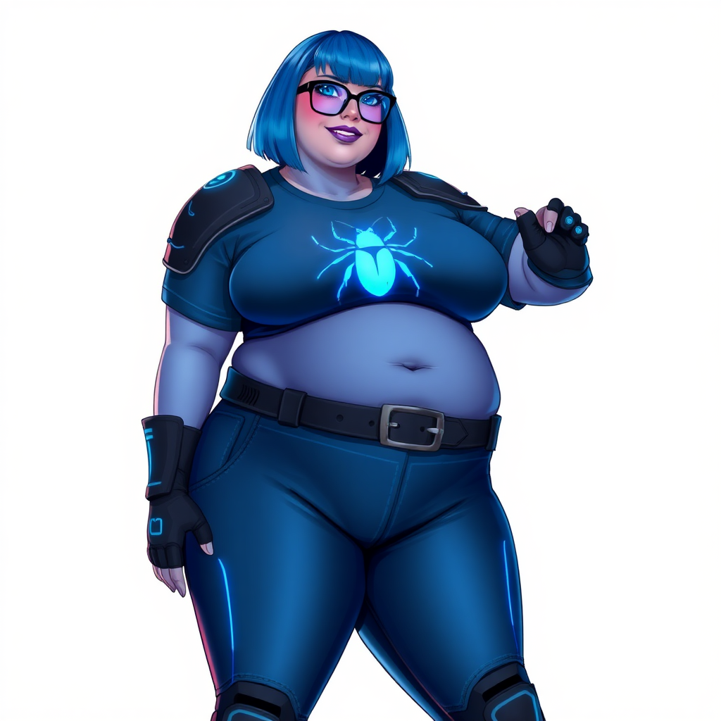 A 28-year-old, full-figured, metallic maximum blue (5PB 5/10) skinned computer program hybrid with a maximum blue bob cut. She has a non-athletic build, highlighted by a prominent, round, large midsection (with emphasis on her belly), which shows the effects of her new love of junk food acquired from her boyfriend. As the full-figured, nerdy, digital sidekick to her cyberpunk vigilante boyfriend, her metallic maximum blue skin and maximum blue lipstick (5PB 5/12) emphasize her digital nature. Her skin has a subtle, animated glow, with digital patterns occasionally flickering across it, making her digital nature obvious. She wears a digital, computerized costume, consisting of a huge, tight-fitting, maximum blue t-shirt (5PB 5/12) made out of advanced nanotech with a neon blue glowing chest icon of a beetle, hi-tech shoulder pads with neon blue accents, a black hi-tech belt with a digital neon blue glowing buckle, digital maximum blue biker pants (5PB 5/12) with neon blue accents, and black hi-tech fingerless biker gloves with neon blue glowing accents. Her neon blue glowing eyes, black eyeglasses with neon blue glowing lenses equipped with a built-in HUD, and bashful smile with neon red blush accentuate her nerdiness. She stands bashfully with one hand behind her back and the other hand gently touching her cheek, her costume covering all her skin and emphasizing her full-figured physique (especially her belly). She is clearly non-athletic, with a focus on her full-figured physique. Despite her build, she radiates beauty. She has a slim face compared to her physique, accentuating her radiant beauty. She is on a solid white background. She is drawn as if she were in a retro 2D cyberpunk fighting game.