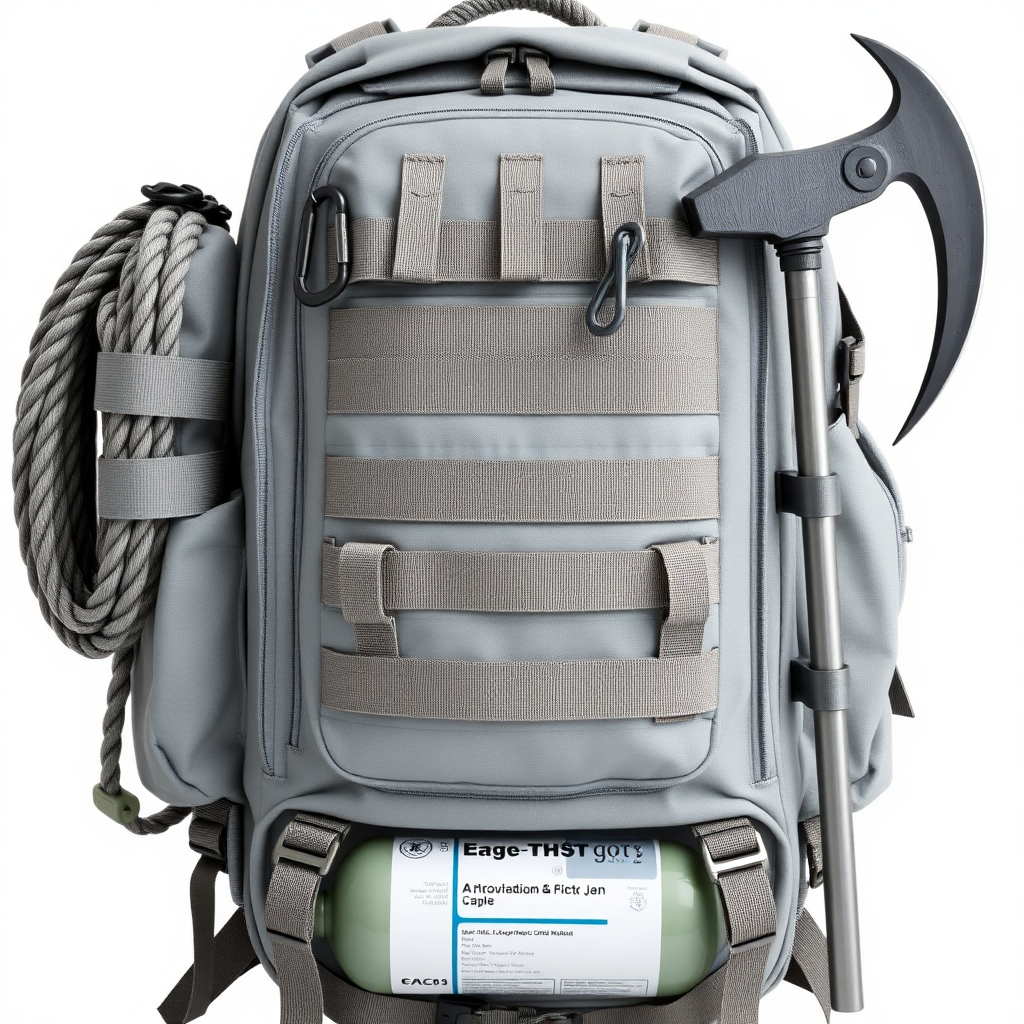 This is a light grey, armoured tactical backpack designed for the harshest conditions. Its surface is made of a dense, damage-resistant material, giving a feeling of reliability and protection. On the front of the backpack there are numerous tactical pockets and attachment points for equipment. On the left side is a coiled strong rope, ready for quick use, with a carabiner securely fastened to the attachment. On the right side of the backpack hangs an ice axe, fixed with metal latches, adding to the character of a severe mountaineering or rescue equipment. At the bottom of the backpack, on the straps, an oxygen cylinder is tightly attached - an indispensable element for survival at high altitudes or in extreme situations. This backpack is not just a container for things, but a full-fledged tool for survival and adventure, ready for any challenge.