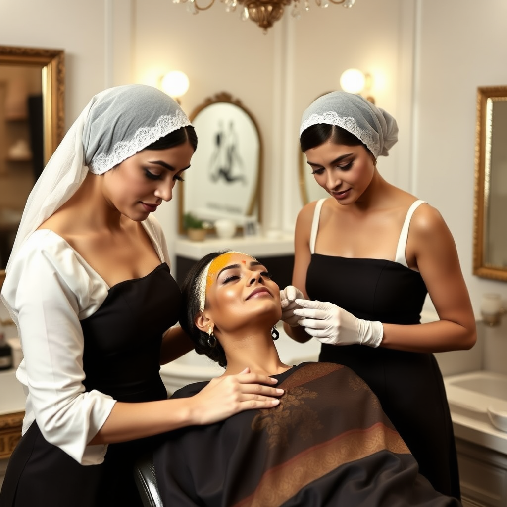 2 slim French maids, wearing hair nets, working in a beauty parlour, giving a turmeric facial to a rich Indian wife.