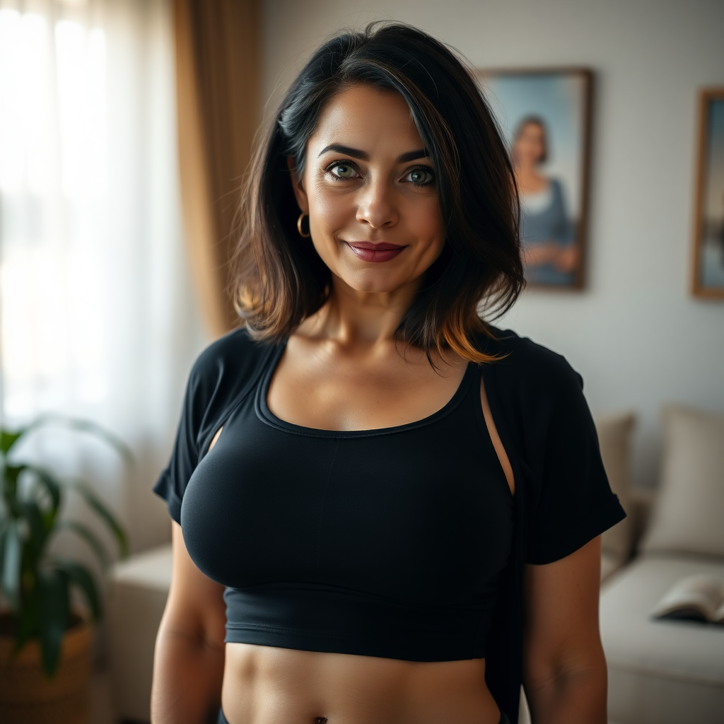 A Turkish 55-year-old woman with yellow soft black hair in a black bikini posing for a picture, a stock photo, by Micha Klein, Tumblr, Olga Buzova, black hair and large eyes, sports bra and shirt, Amouranth, indoor shot, waist-shot, beautiful well-rounded face, big open green eyes, taken in 2020, Arabian, busty, Xision Wu.