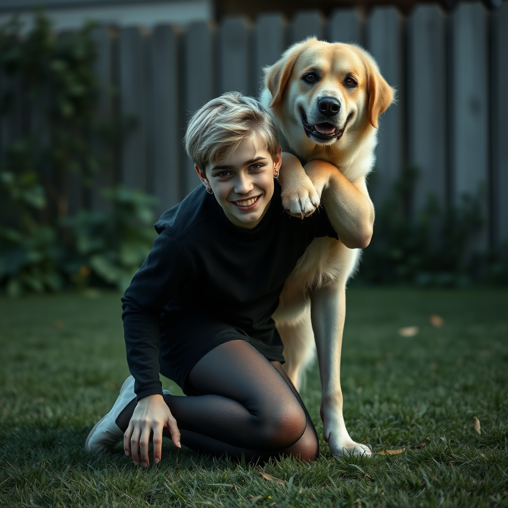 photorealistic, ultra high resolution, 16K, surreal fantasy, studio lighting, a pretty 16 year old goth male, slim male physique, short blonde hair, goth makeup, earrings, pantyhose, white ballet shoes, playing with his large dog in the yard - he is kneeling forward, while the dog stands up behind him and rests its paws on the boy's shoulders, excited smile, facing the camera.