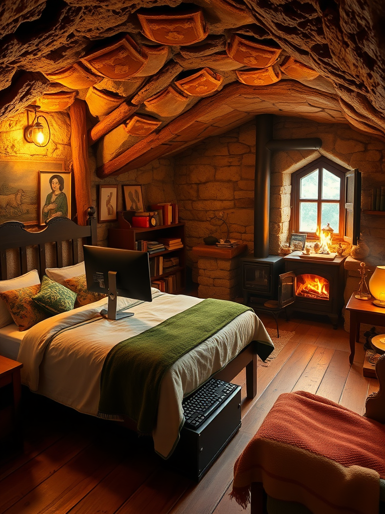 Cottage in the Cave: Rough stone walls, warm firelight, brown bed frame, soft cotton quilt, black computer, metal keyboard, bright stove fire, green moss, thick curtains, solid wood floor, colorful cushions, ancient mural, smoking chimney, exquisite ornaments, silver mouse, warm blanket, old bookshelf, yellowed books, stone steps, cold windowsill, vigorous flames, dim corners, mysterious totem, tattered tablecloth, real, reality.