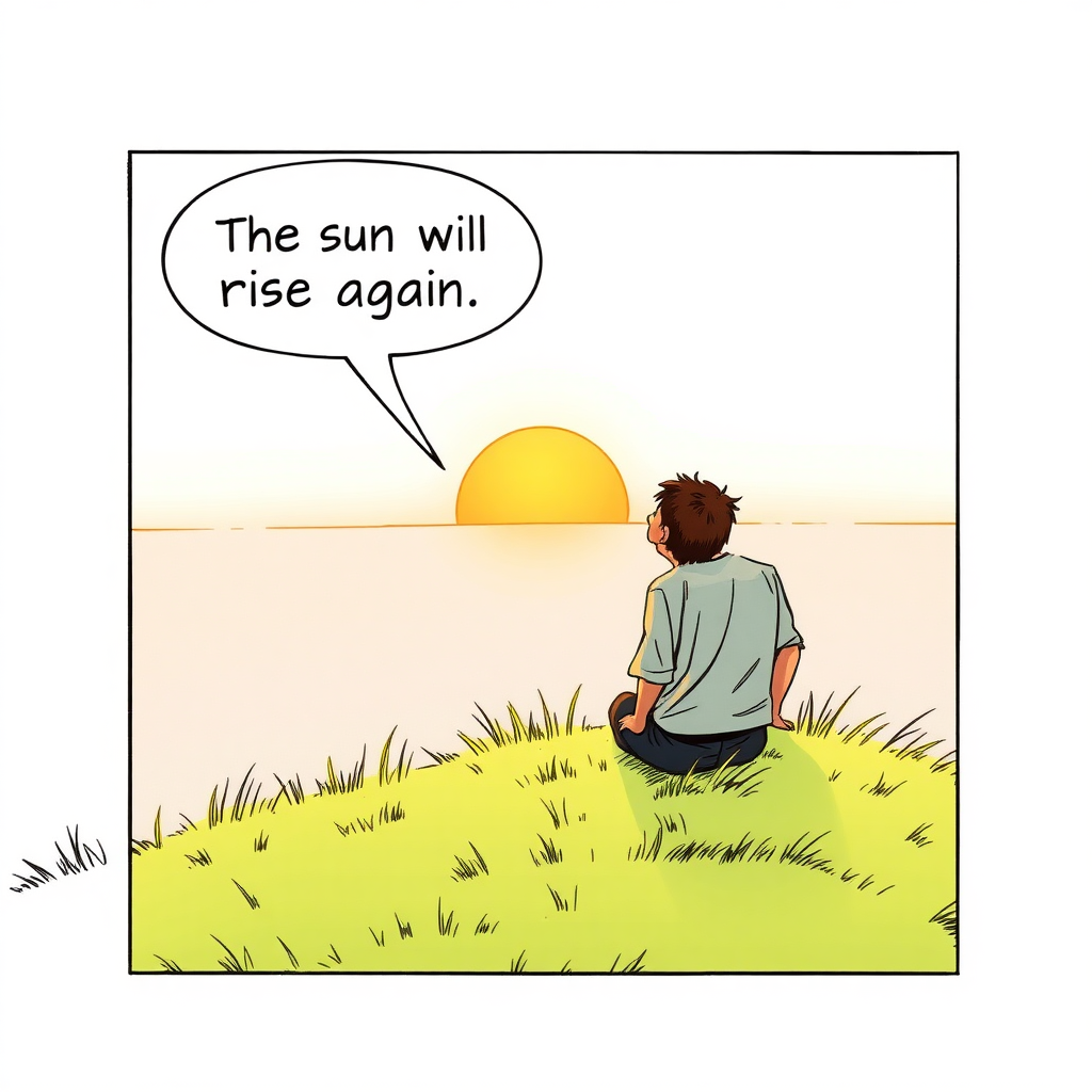 A single comic book panel of a boy and his father on a grassy hill, staring at the sunset. A speech bubble points from the boy's mouth and says: The sun will rise again. Muted, late 1990s coloring style