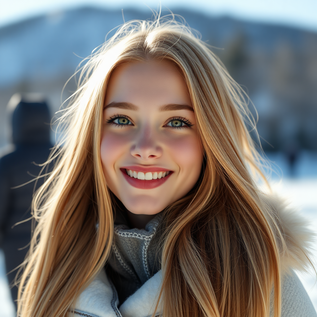 beautiful happy young woman with cherry blonde long hair, full lips, perfect eyebrows, pale skin, on Alaska during winter in Anchorage on sunny snow day