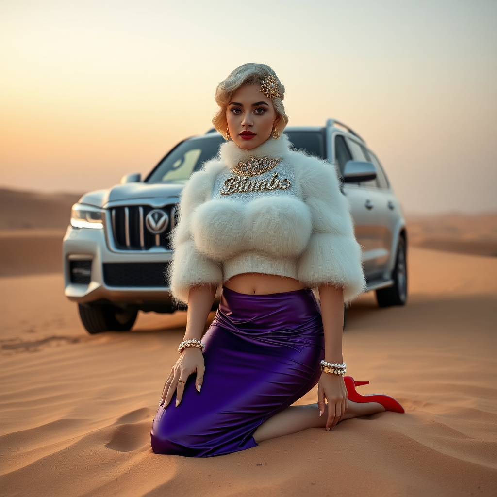 Kuwait desert dunes misty dawn, full size luxury SUV: Melissa, European 17 years old very convincing femboy “trophy-bimbo”, tamed servile docile, very beautiful feminine flawless face, rather short, by hormones very curvaceous womanly figured, platinum blond short tight curls, bold red lips, long white French nails, heavily made-up face, wearing Supertanya-style fluffy very fuzzy bright white angora turtleneck-poncho cropped ending under bust decorated with pearls and glass stones, very tight purple vinyl midi pencil skirt, bright red pumps with golden very high heels, white pearl belly piercing, full Oriental bridal jewelry including headpiece, nose-ring, coin wristlets, coin anklets, striking diamond “Bimbo” letter brooch on left chest, thick heavy pearl wristlets, pearl anklets, pout frustrated, kneeling in sand in front of SUV, looking at camera. Focus on face and turtleneck-poncho.