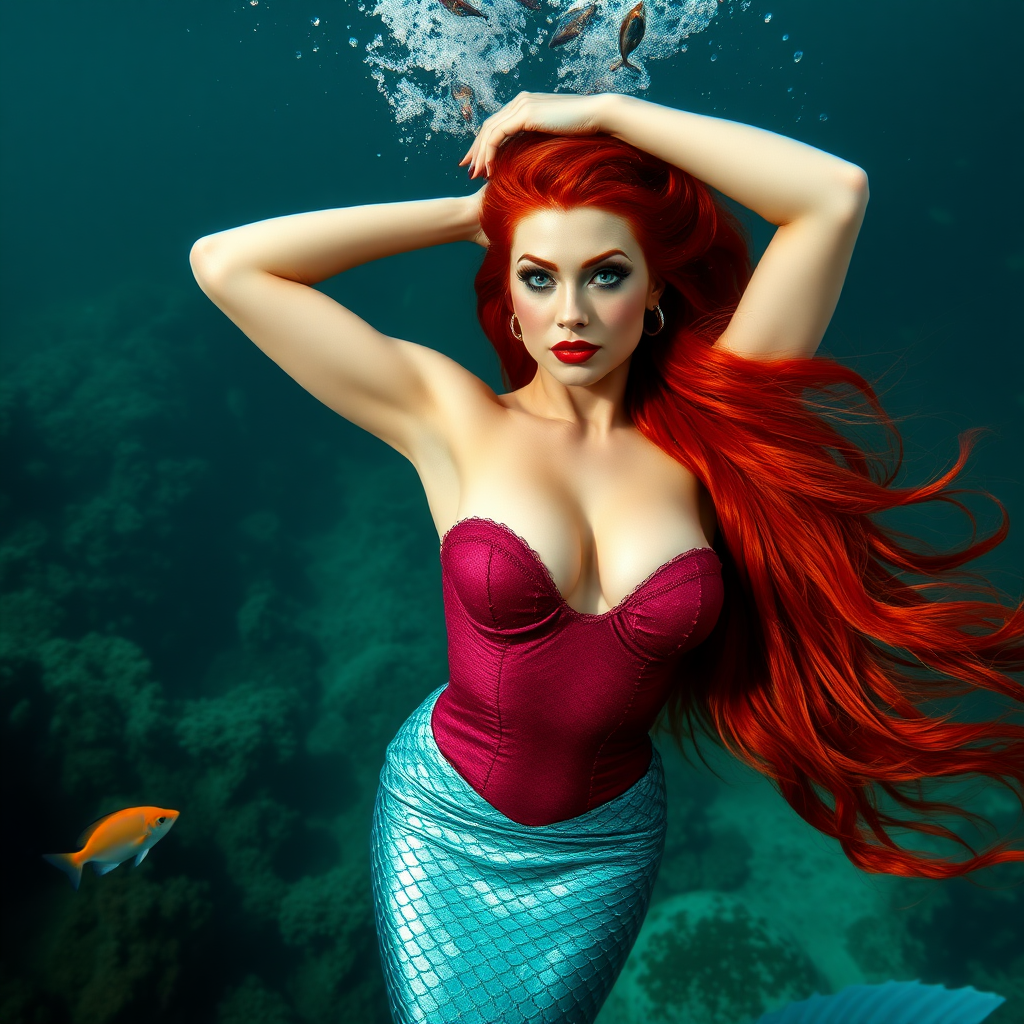 Jessica Rabbit as a fit and trim mermaid underwater amazing loose flowing hair floating in a nimbus around her beautiful face her arms outstretched languidly over her head. she's looking directly into the viewer's eyes making intense eye contact. diaphanous gossamer. Burlesque. Stunning undersea life details plants and fish and other creatures of the sea. Impressive, shining scaled mermaid tail. Amazing HD DSLR photographic output.