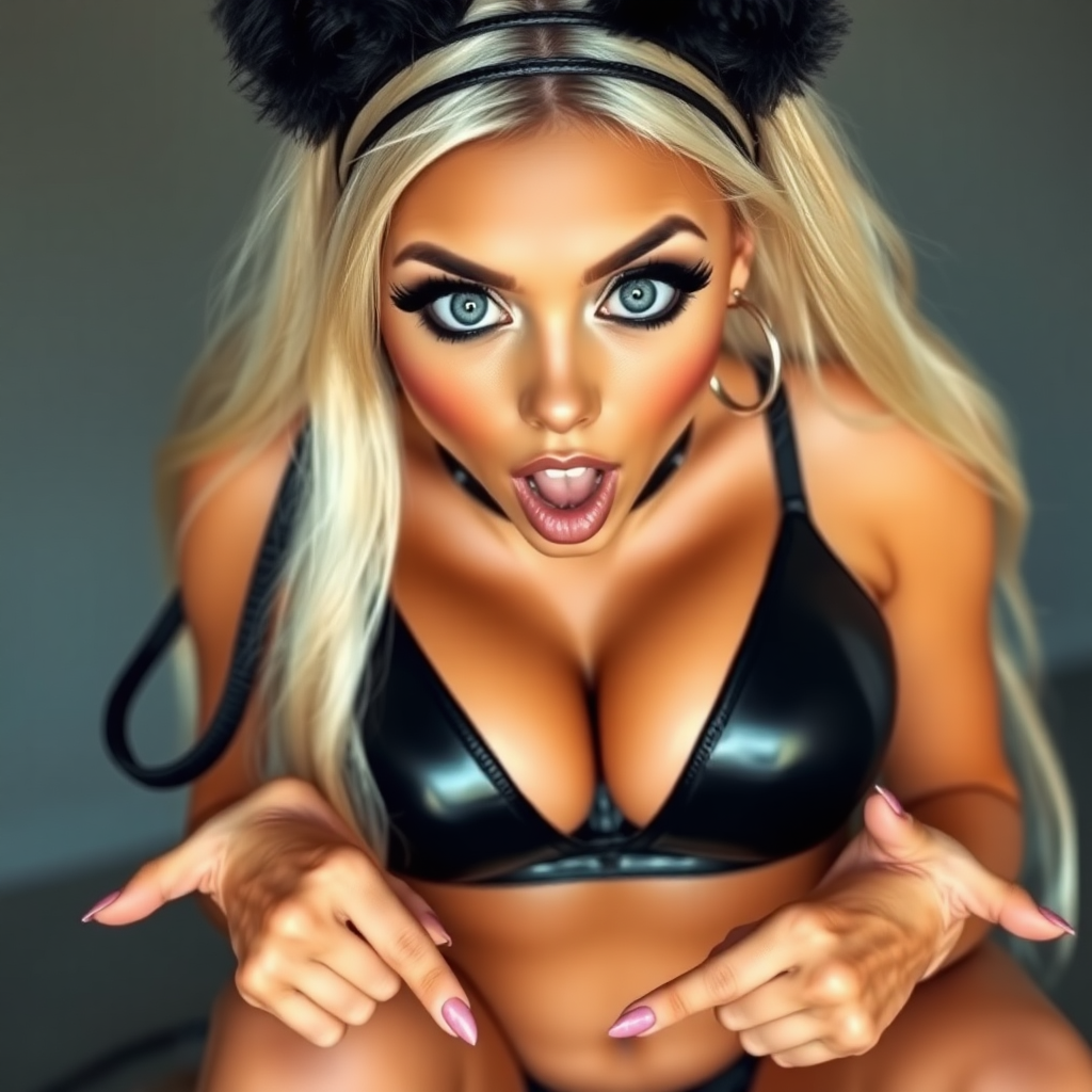 surprised blonde with mouth open. She has very large eyes, black eyeshadow, black eyeliner, fake eyelashes, very tanned skin, very long bleached blond hair. Very thick black leather choker with a metal ring. She has extremely huge cleavage. Her choker is attached to a leash. black fluffy kitty ears headband. very tanned skin with slightly orange tint. She look at the camera with pity eyes. She has extremely large eyes. Pale bleached blond hair. Black push-up bra with extremely huge breast. She is kneeling on her knees. Shiny black latex pencil skirt. showing her nails. Her both hands are flat and pointing down.