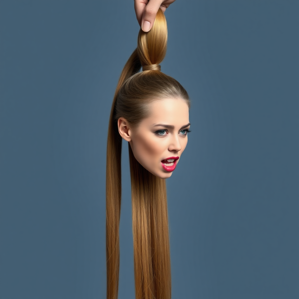 Surreal image of a very long haired woman's beautiful disembodied head hanging by her very long hair. Her very long hair is gathered at the top of her head into a long ponytail that stretches upward into a grasped hand. Plain gray background. She has an aroused expression on her face while biting her lip.