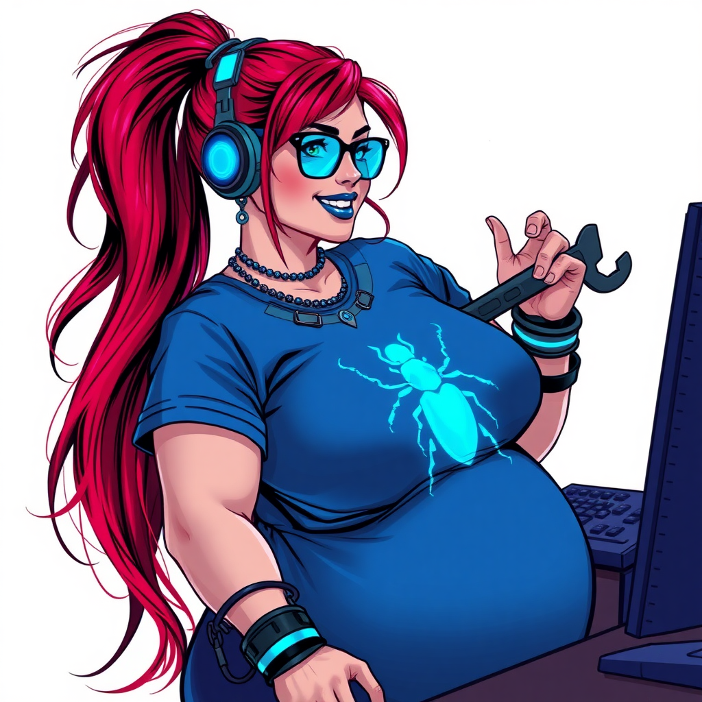 A cyberpunk vigilante’s full-figured intelligent and tech-savvy 29-year-old girlfriend, who is a computer hacker and tech genius. She has a long ruby red ponytail streaked with sky blue. She wears maximum blue lipstick, blue eyes, a sapphire beetle gemstone necklace, sapphire earrings, black eyeglasses, futuristic holographic computer bracelets, and an oversized maximum blue t-shirt featuring a neon blue glowing beetle chest icon. She has a full-figured physique with a prominent, round, gargantuan midsection, reflecting her well-cared-for lifestyle. She sports a sapphire headset with a hi-tech maximum turquoise lensed HUD, and a blissful smile with a neon red blush. She serves as his tech expert from his hideout, diligently working at her lab table and computer desk. She holds a futuristic wrench. The background is solid white. She is drawn as if she was in a retro 2D cyberpunk fighting game.