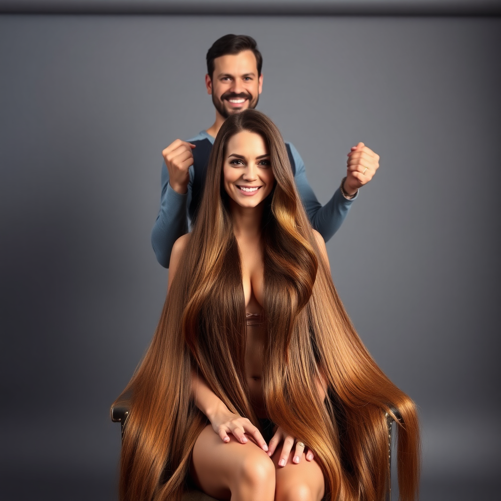 In a beautifully lit photo studio, adorned with soft diffused lighting that creates a warm, inviting atmosphere, Kate Middleton sits gracefully in an elegant salon chair with her hands in her lap, showcasing her luxurious, flowing locks that cascade down like a shimmering waterfall of chestnut and gold. A hairstylist stands behind her and smiles at the camera as he holds up Kate's long magnificent hair, gently spreading it, allowing it to fan out in a majestic display that captures the eye. Kate's delicate lingerie blends in with her skin, offering an air of eroticism and allure. The plain gray background serves to highlight her striking figure and the dazzling sheen of her hair.