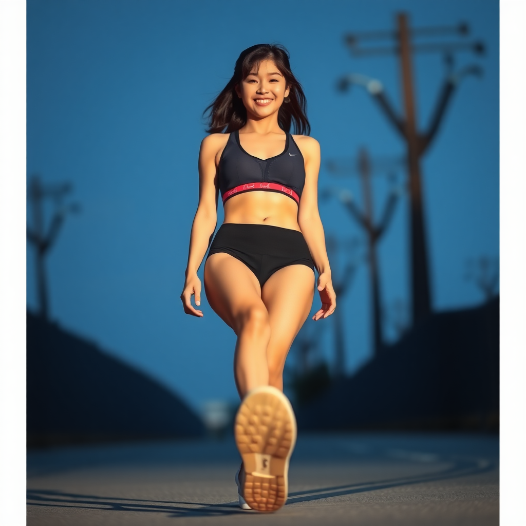 photo full body shot low angle view Hina Kikuchi wearing sports bra. She is walking and smiling. The image is shot from below. The sole of her foot is visible.