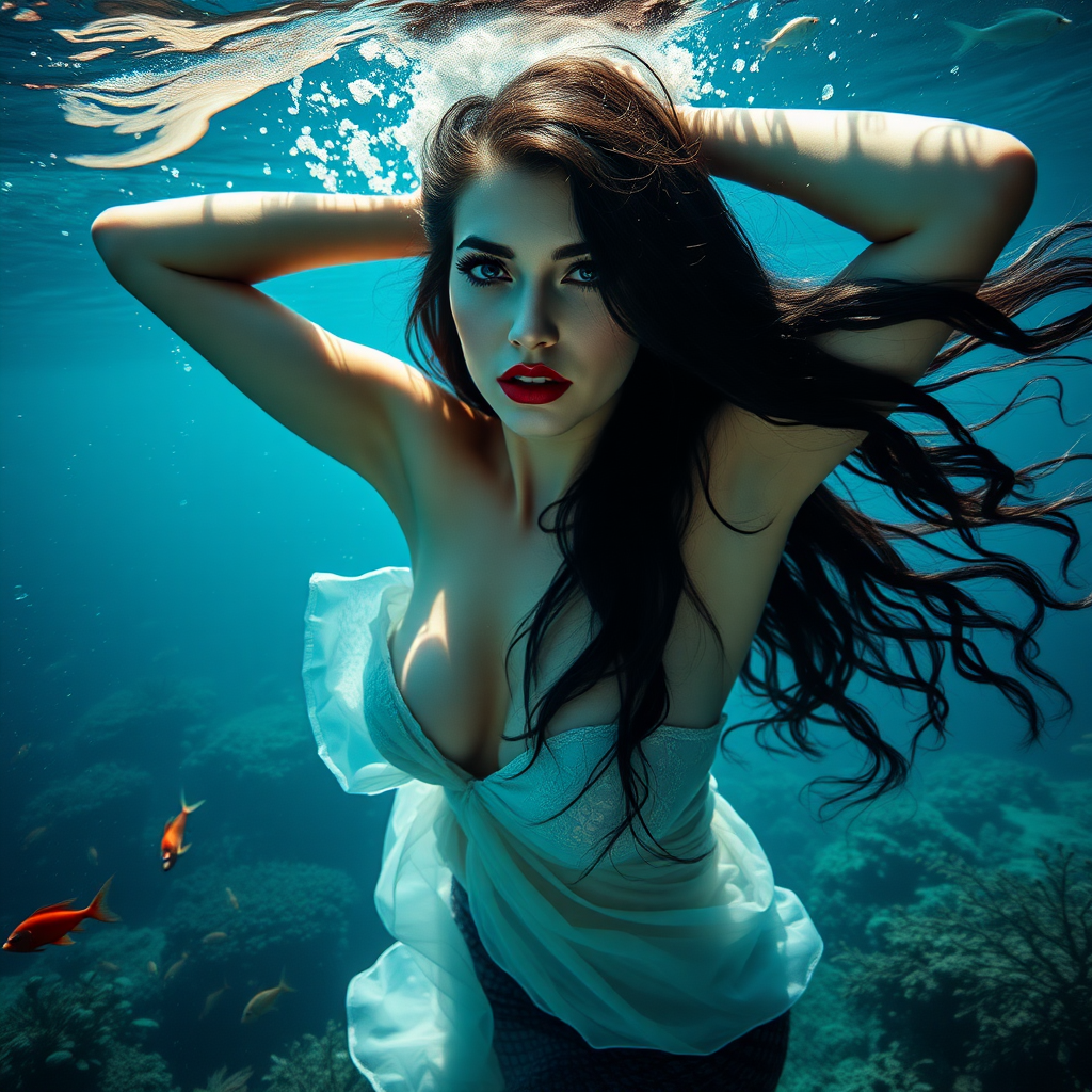 Vampirella as a mermaid underwater amazing loose flowing hair floating in a nimbus around her beautiful face her arms outstretched languidly over her head. she's looking down into the viewer's eyes making intense eye contact. loose fitting diaphanous. Burlesque. Stunning undersea life details plants and fish and other creatures of the sea. Amazing HD DSLR photographic output.