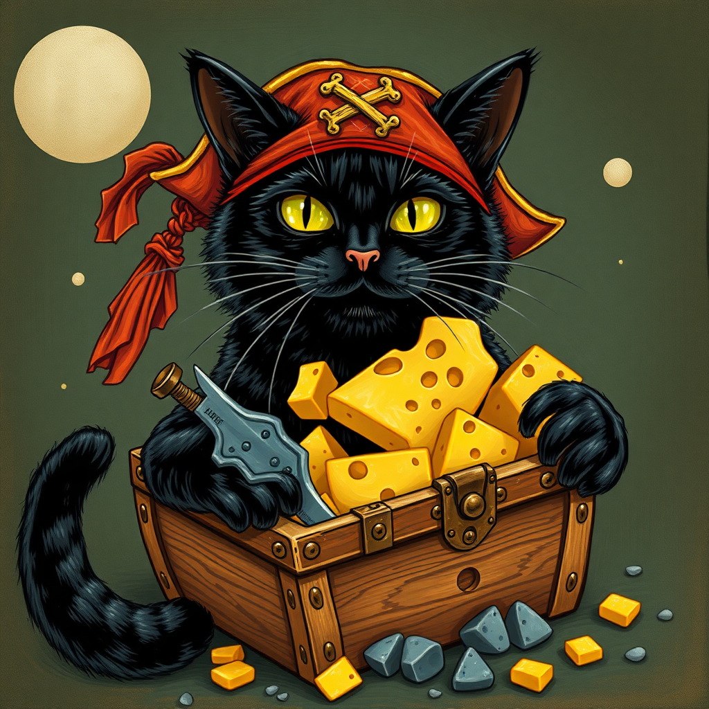 Black cat pirate with treasure cheese filled with cheese, glurge art, metal album cover