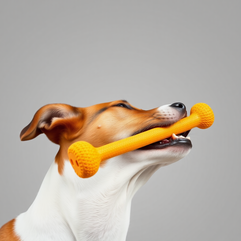 A dog biting a toy, close-up shot, side view of the head, stretching its neck, looking up. open the mouth, opaque