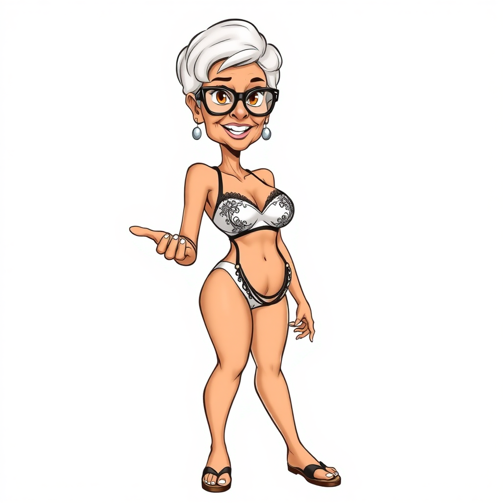 a towering 55 Years old, fit, slim, European, Latina, sharp aquiline nose, wrinkles, high cheekbones, Middle Eastern, Skinny, Tanned skin, Dark light skin, Rounded Medium breasts, Skinny thighs, full Makeup, jewelry, Serious face, Sharp nose, Ash hair, short bowl haircut, Brown eye color, Glasses, with detailed features. she is wearing embroidered black mesh balconette bras and a tight white high cut 1980s cut out swimsuit, detailed fabric. full body, high heels sandals, she is gesturing at the viewer, sweating, 
long establishing shot, 2D, caricature, cartoon, Sketch lines, coloring book, nlack and white, coloring book style on white background, well composed, clean coloring book page, No dither, no gradient, strong outline, No fill, No solids, vector illustration, realistic proportions