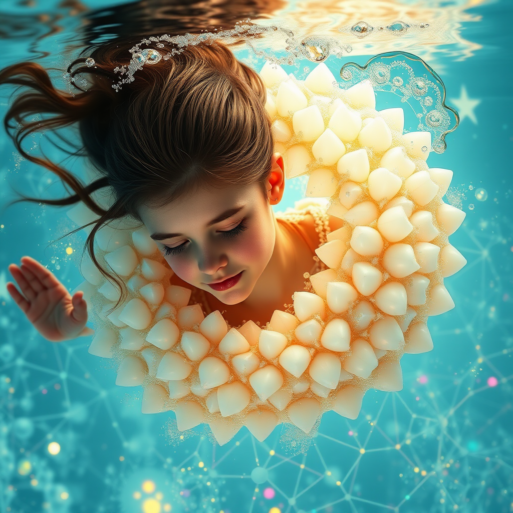 preteen girl swimming, abstract, mandelbulb fractal, sacred geometry, ultra-detailed, dynamic composition, artistic photograph, fractal, brilliant colors, glittering, transparency, translucent, opal, gold, romanticism, sharp focus, floral, mother of pearl, iridescent, jewelry