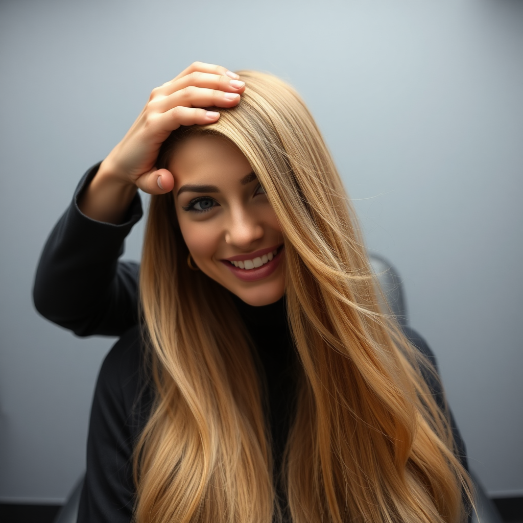 POV, beautiful very long haired blonde woman sitting in a hair salon smiling at the camera while I reach out from behind the camera to massage her scalp. My fingers are digging into her hair rubbing her scalp while her hair is covering my hands. 
Plain gray background.