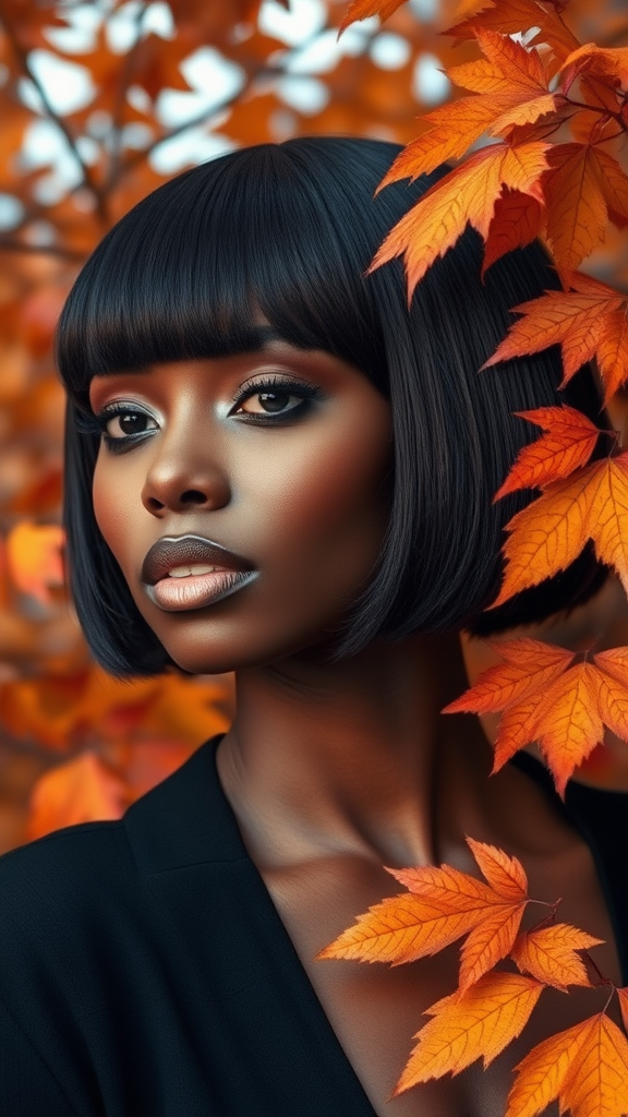 Beautiful model Naomi Campbell with a square bob haircut, surrounded by autumn foliage, in high definition.