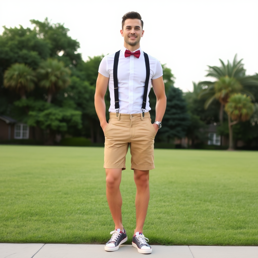 Attractive guy wearing very short shorts with suspenders, bow tie and sneakers