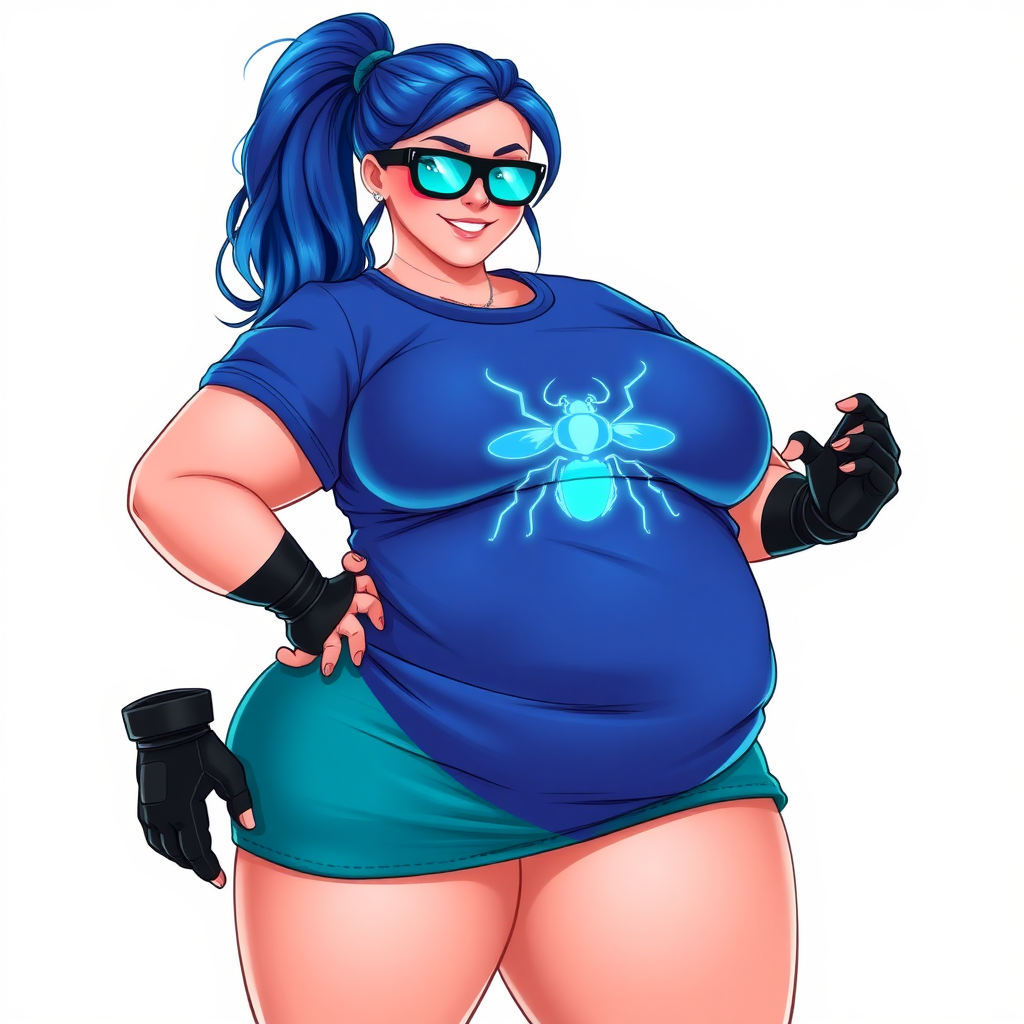 A 28-year-old, full-figured tech genius vigilante, she is the devoted girlfriend and nerdy sidekick of a cyberpunk vigilante. Her maximum blue ponytail and glowing sapphire eyes are striking features. Her prominent, round, large midsection, gigantic limbs, and broad shoulders define her full figure. As the loyal and supportive sidekick, she plays a crucial role in their missions, using her digital and technological prowess to assist and protect.

She wears an oversized maximum blue t-shirt with a glowing neon blue beetle chest icon, maximum turquoise skirt, and black high-tech shock gloves. Her neon red blush and lovestruck smile are ever-present. Her full figure shows how pampered she is by her doting boyfriend. Her nerdiness is unmistakable, accentuated by her black oversized eyeglasses with maximum turquoise lenses that functions as her eye mask. She serves as her boyfriend’s indispensable crime-fighting partner. She is drawn as if she was in a retro 2D cyberpunk fighting game.