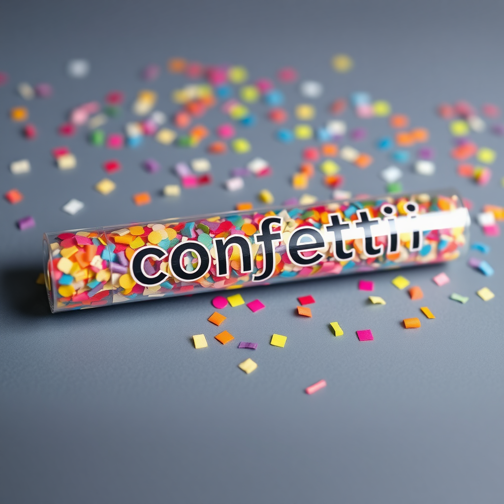 colorful confetti popper tube with text "confetti" on it, closed from both ends