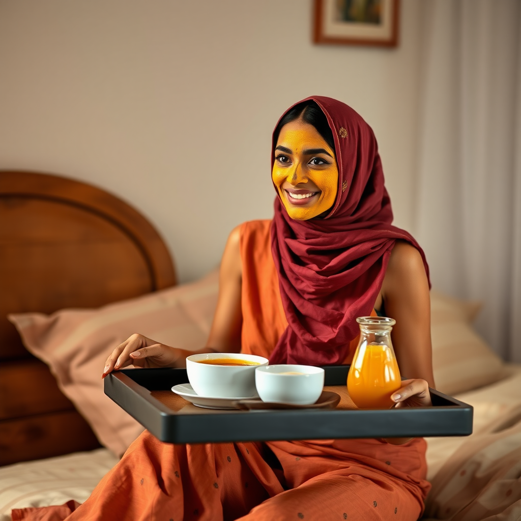 slim, 30 year old, sexy, indian wife, scarf head, turmeric face mask. She is smiling and serving breakfast on a tray on bedside table