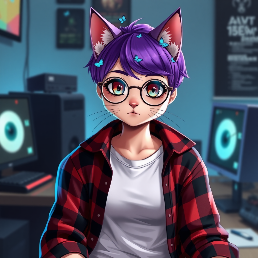 female cat-man with no breast/flat chest serious chestnut color with little blue butterflies on the head, a round head, with a purple UNDERCUT hairstyle, hazel eyes, dimples on the cheeks, chubby cheeks, wearing semi-round glasses, a red and black plaid shirt open over a white t-shirt, in front of a desk with a gaming PC, in digital art