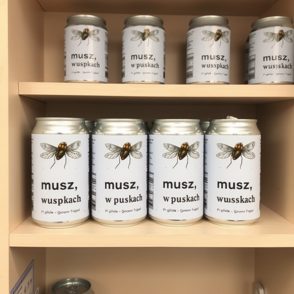 a small shelf with cans that have an image of a housefly on the label and text saying "musz w puszkach"