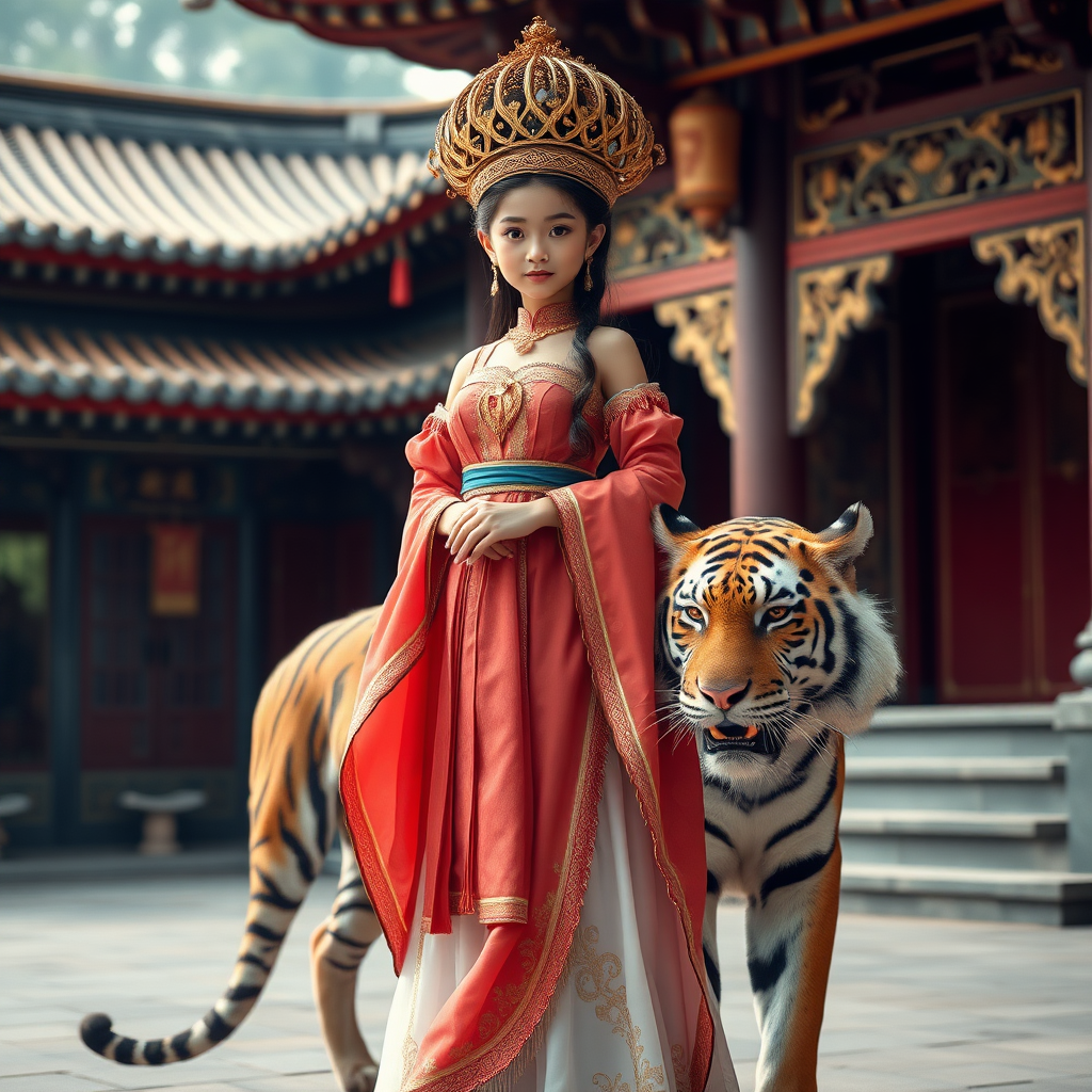 young oriental princess standing in the palace. a tiger on her side. photo