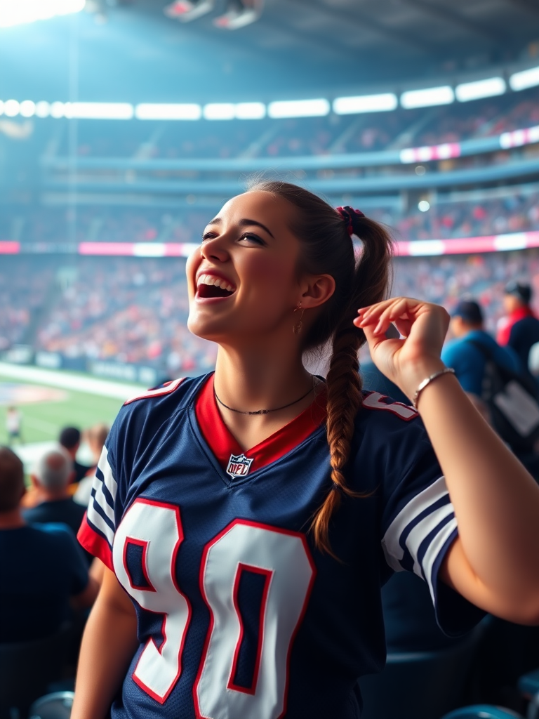 Attractive female NFL fan, pigtail hair, jersey, large titty, reacting to a victory, inside crowded stadium bleachers